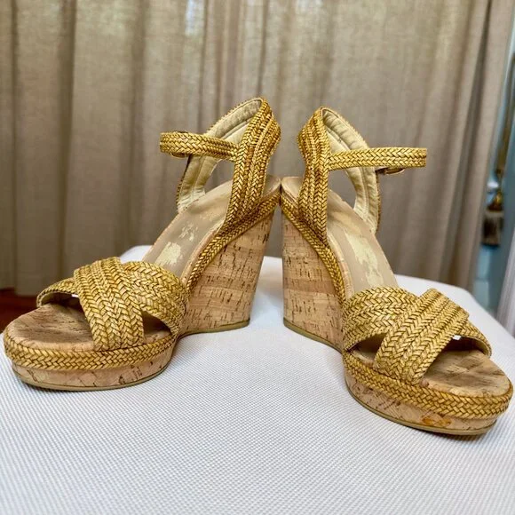 Stuart Weitzman Minx Stappy Wedges Shoes with Cork and Raffia Size 7 - Picture 3 of 16